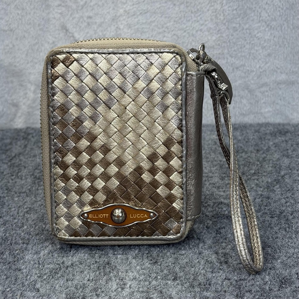 Elliott Lucca Wallet Womens 5.5" Gold Leather Wristlet Basket Weave Geometric